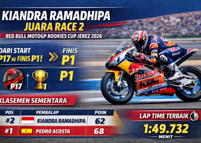 Kiandra Ramadhipa mencetak kemenangan sensasional di Race 2 Red Bull MotoGP Rookies Cup Jerez 2026