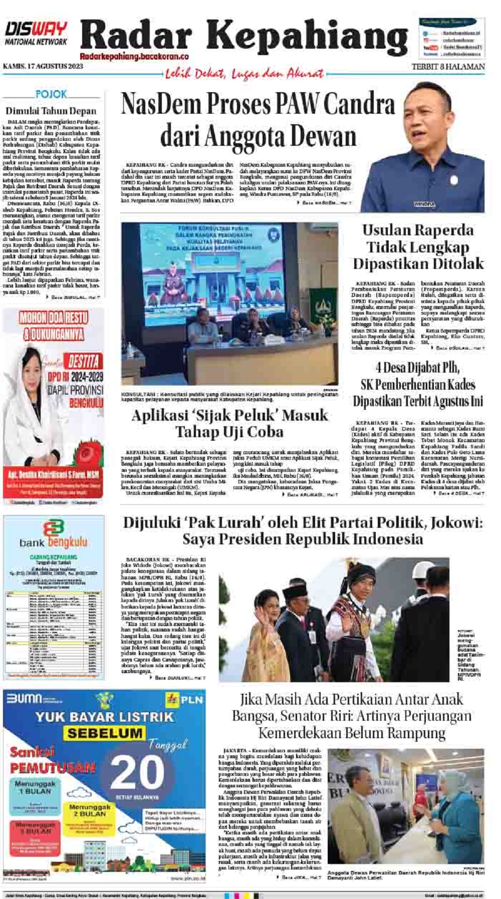 Koran Radar Kepahiang Edisi, Kamis 17 Agustus 2023